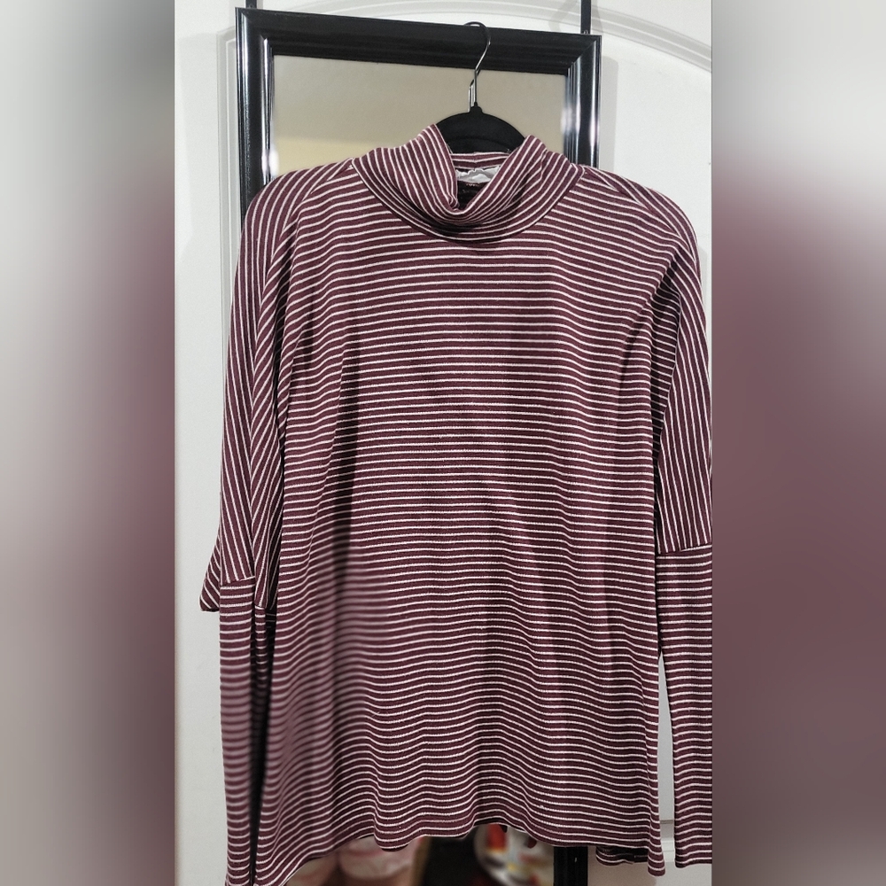 Double Zero Burgundy & White Striped Turtleneck Top